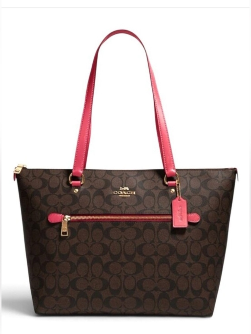 Coach Dark Brown Signature Tote with Pink Handles